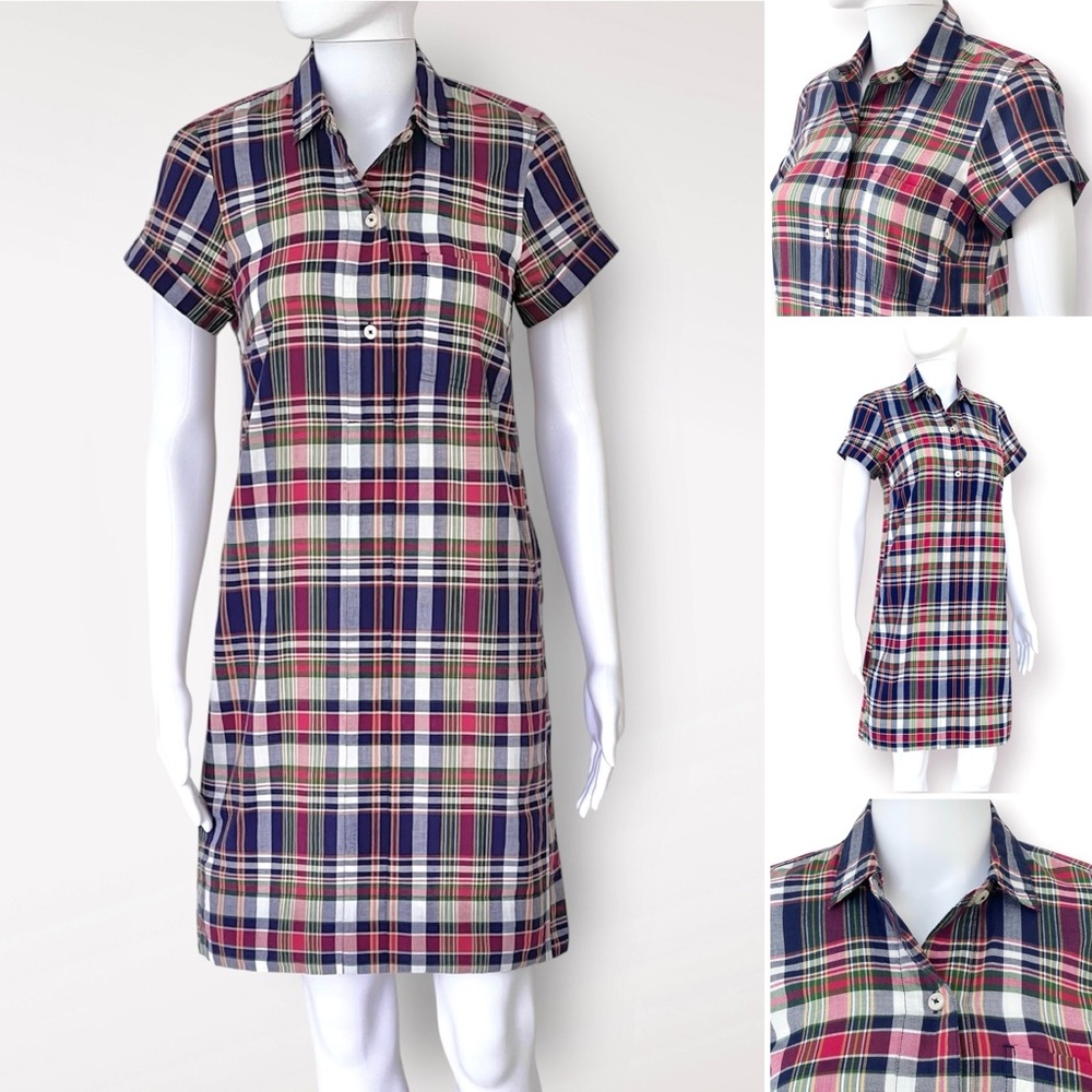 J CREW 100% Cotton Shirt Dress Madras Plaid Short Rolled Sleeve Chest Pocket